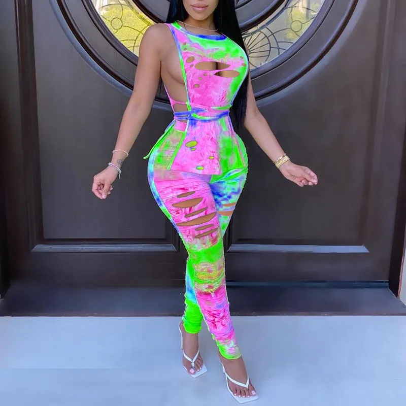 Tie Dye Print Sleeveless Cut Out Two Piece Set