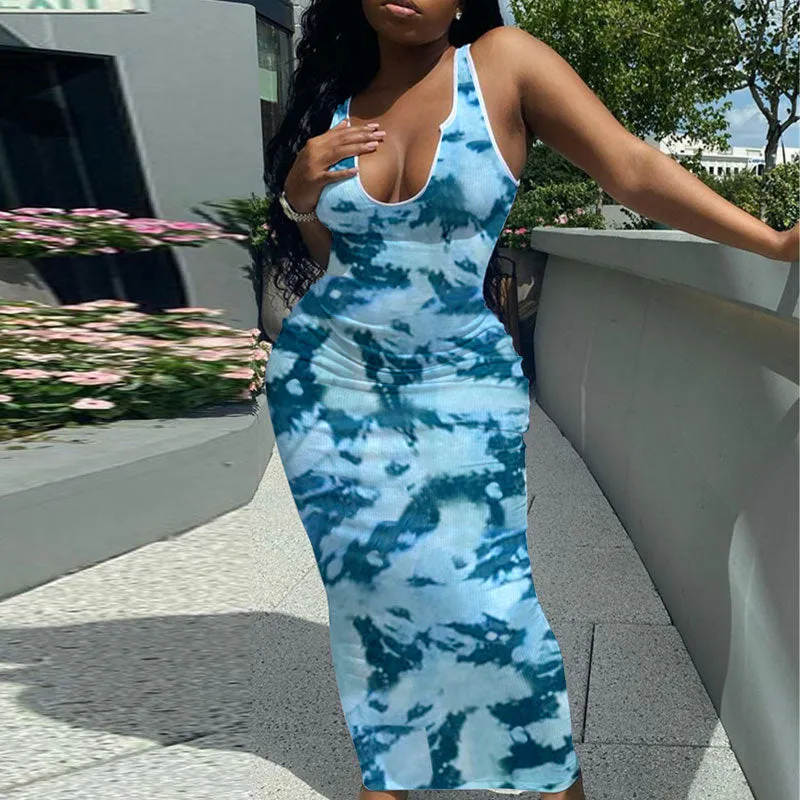 Tie Dye Print Sleeveless V-Neck Maxi Dress