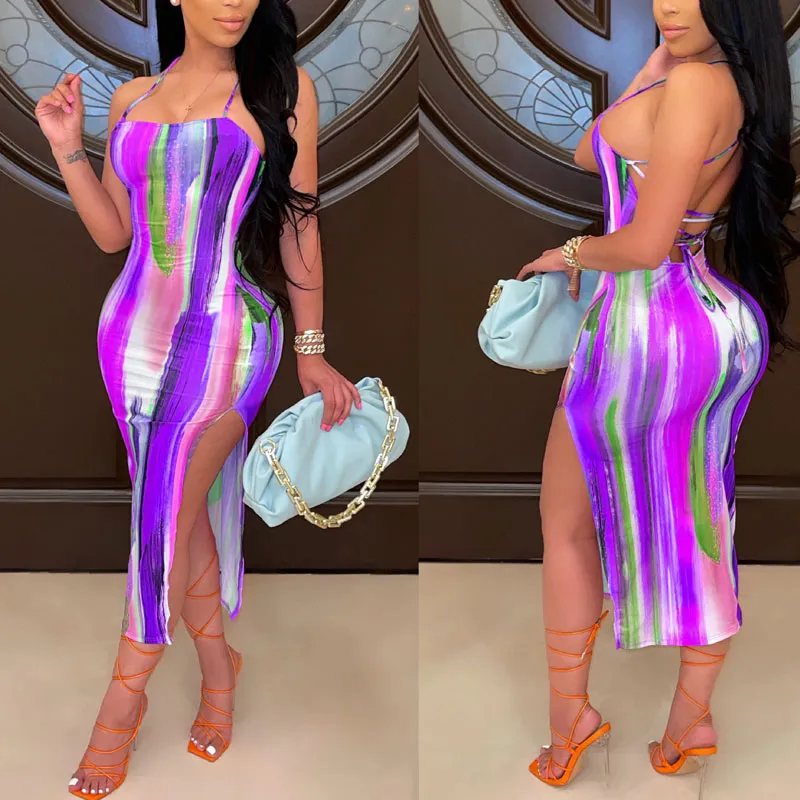 Tie Dye Print Sleevless High Split Bodycon Dress