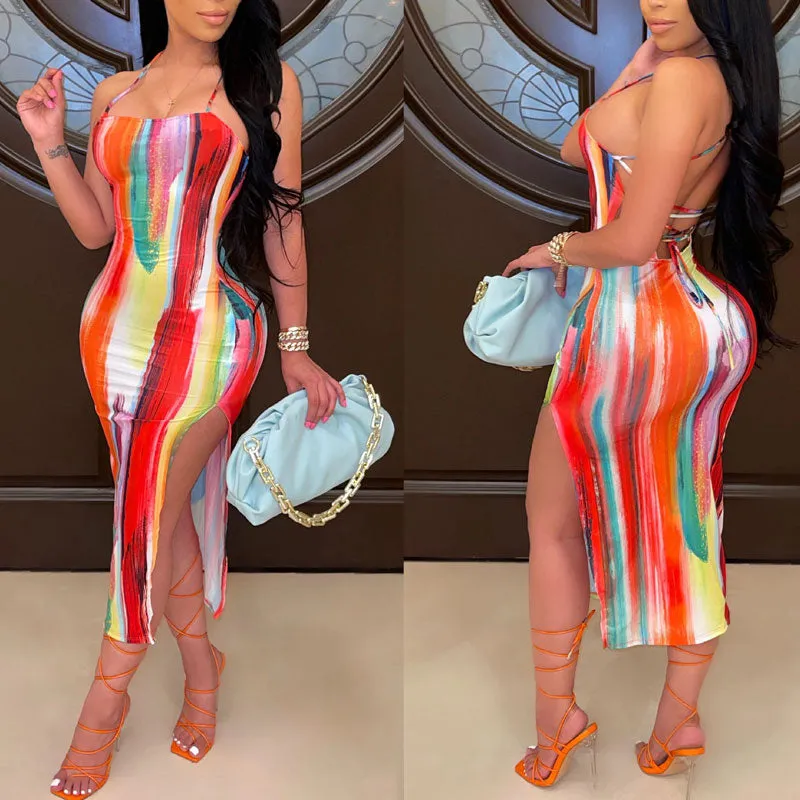 Tie Dye Print Sleevless High Split Bodycon Dress