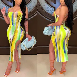 Tie Dye Print Sleevless High Split Bodycon Dress