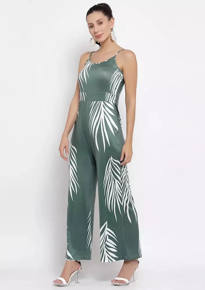 Tropical Printed U-Neck Strappy Flared Jumpsuit