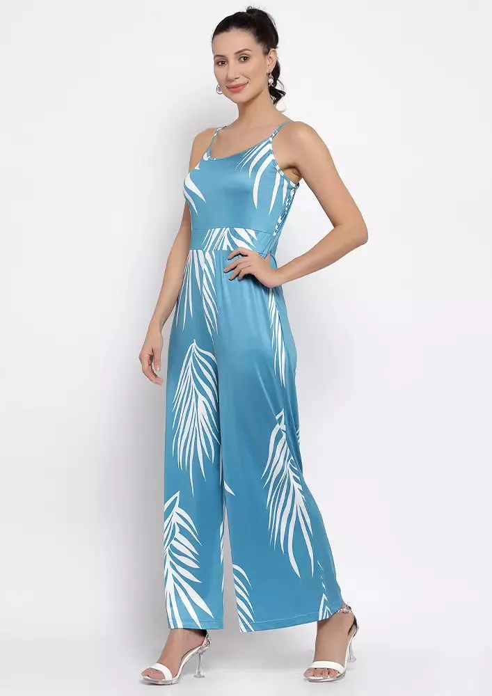 Tropical Printed U-Neck Strappy Flared Jumpsuit