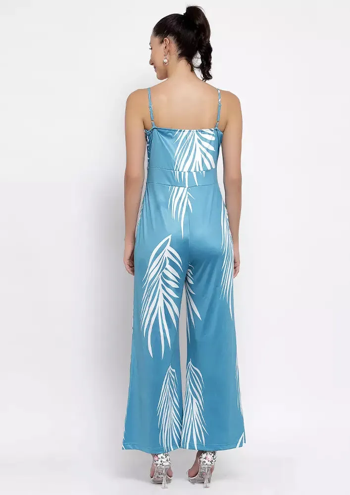 Tropical Printed U-Neck Strappy Flared Jumpsuit