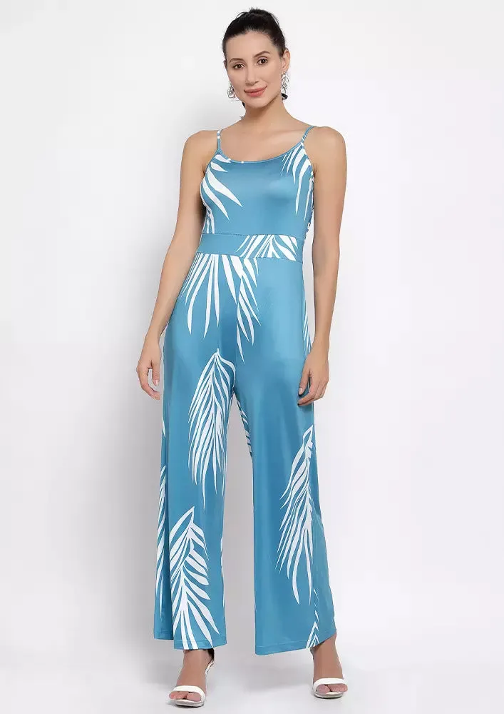 Tropical Printed U-Neck Strappy Flared Jumpsuit