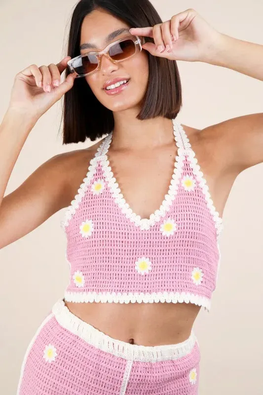 VERY J Floral Crochet Top and Shorts Set