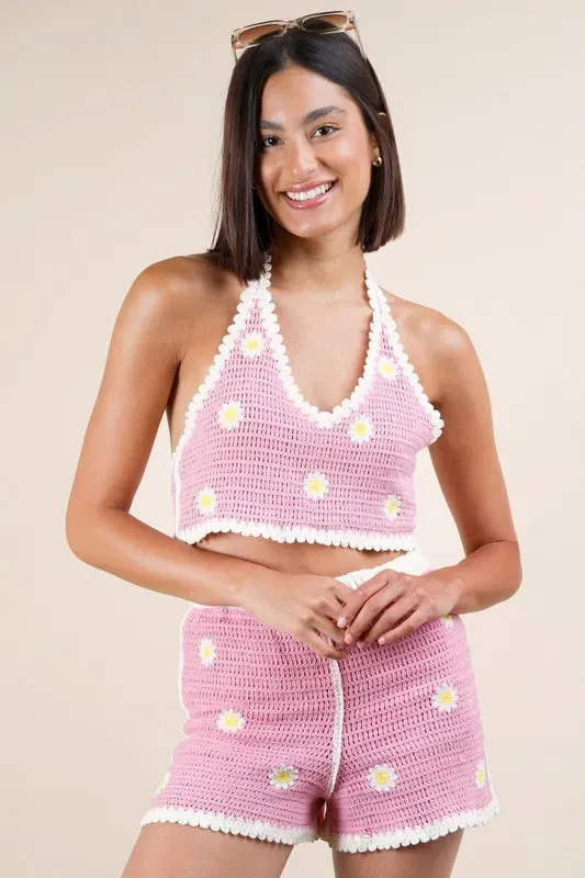 VERY J Floral Crochet Top and Shorts Set