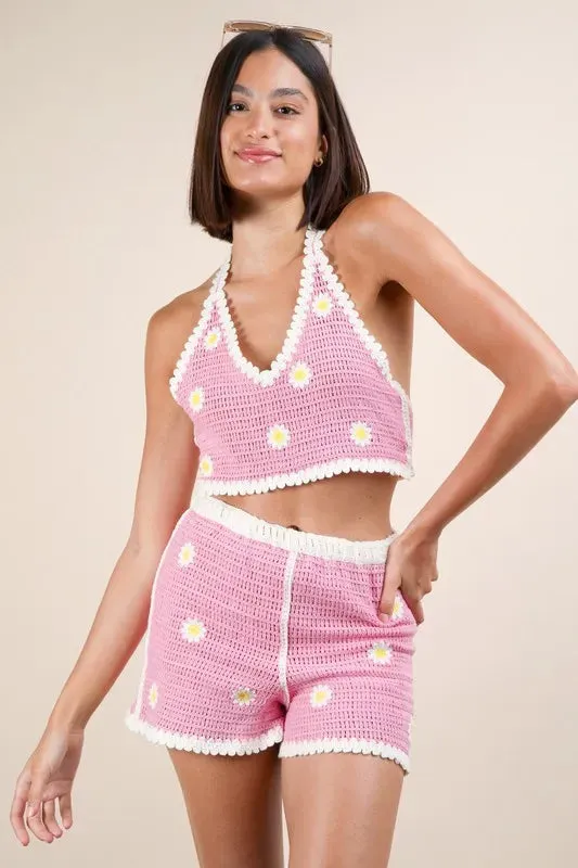 VERY J Floral Crochet Top and Shorts Set