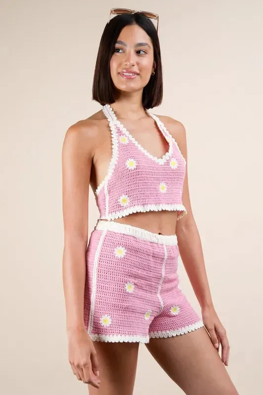 VERY J Floral Crochet Top and Shorts Set