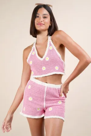 VERY J Floral Crochet Top and Shorts Set