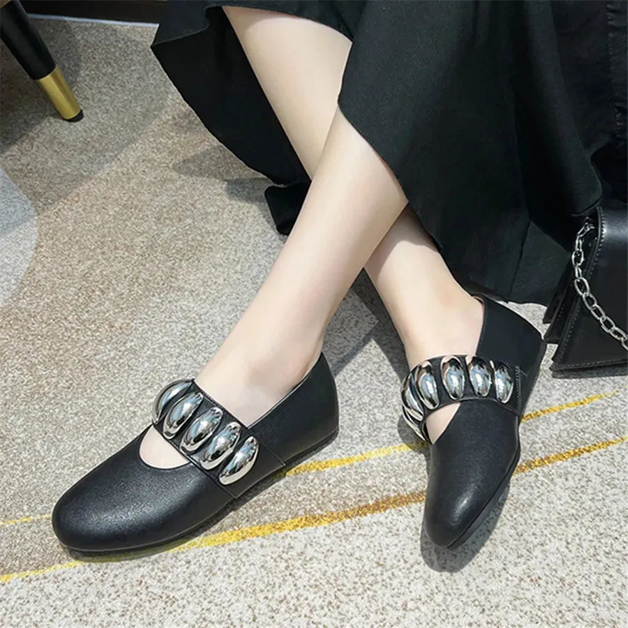White Women Ballet Flats Comfortable Dance Shoes Woman 2025 Lazy Walking Loafers Flat Espadrilles Ladies Metal Button Mary Janes