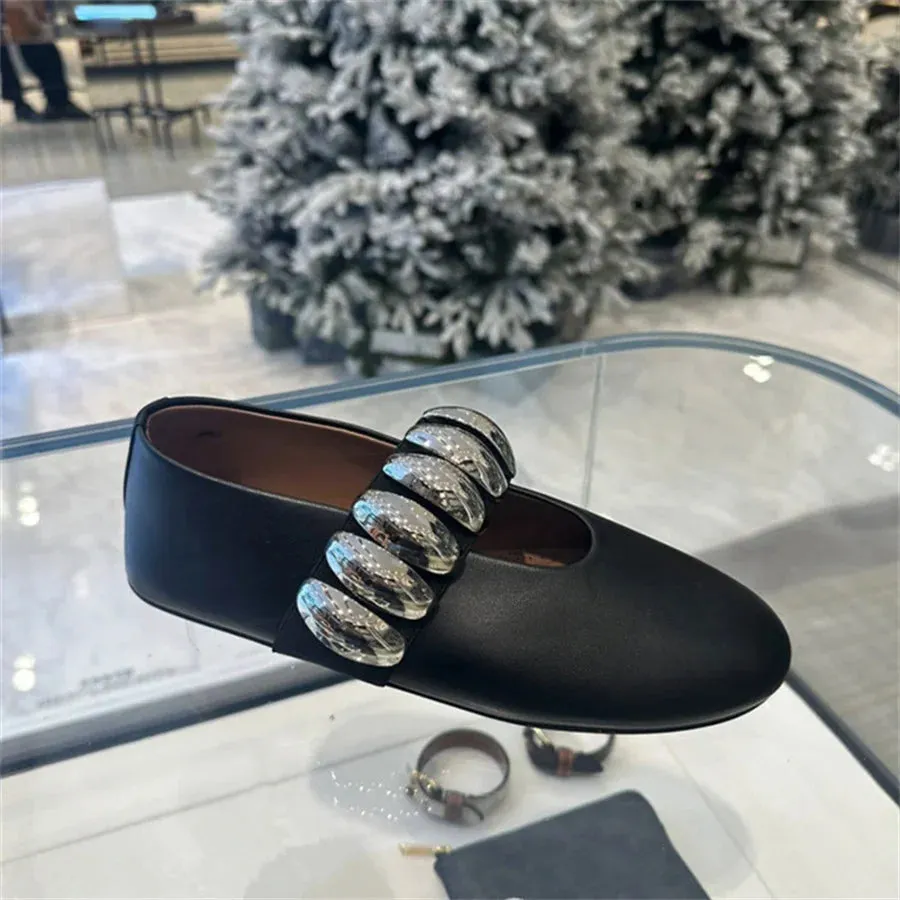 White Women Ballet Flats Comfortable Dance Shoes Woman 2025 Lazy Walking Loafers Flat Espadrilles Ladies Metal Button Mary Janes