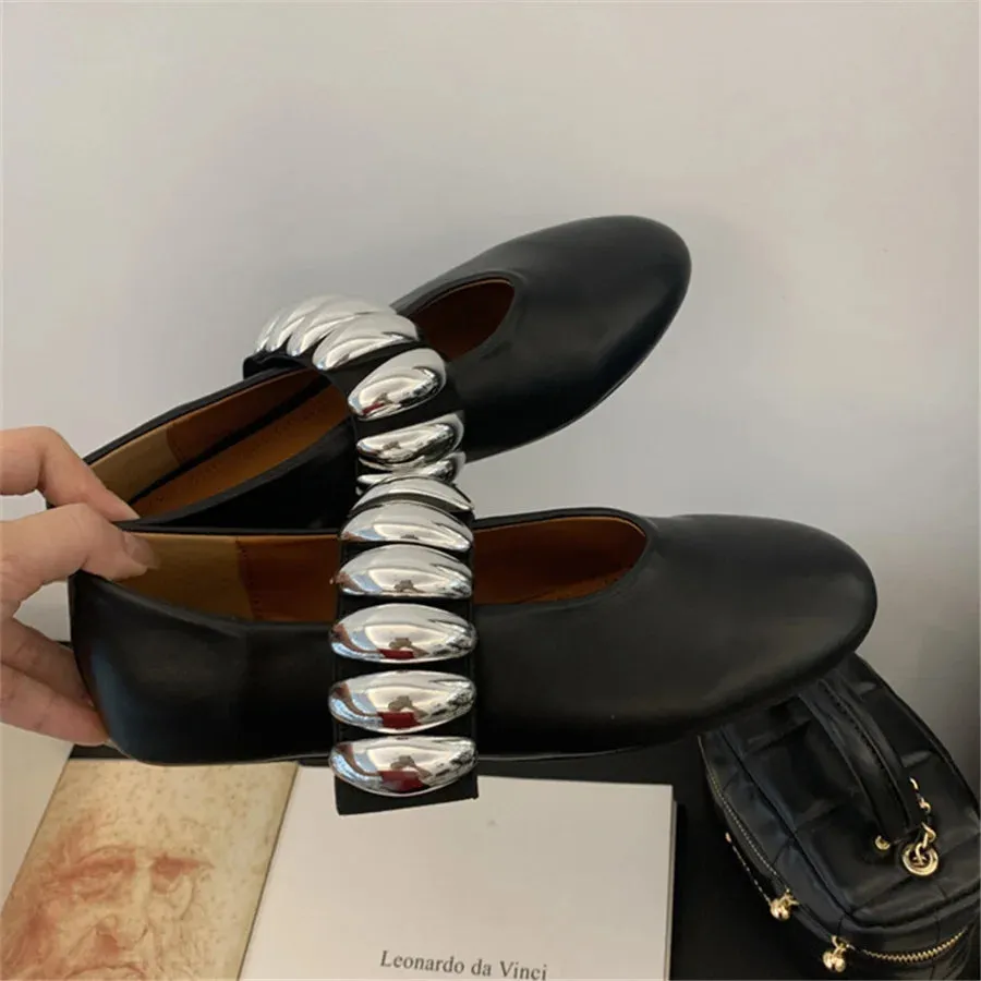 White Women Ballet Flats Comfortable Dance Shoes Woman 2025 Lazy Walking Loafers Flat Espadrilles Ladies Metal Button Mary Janes