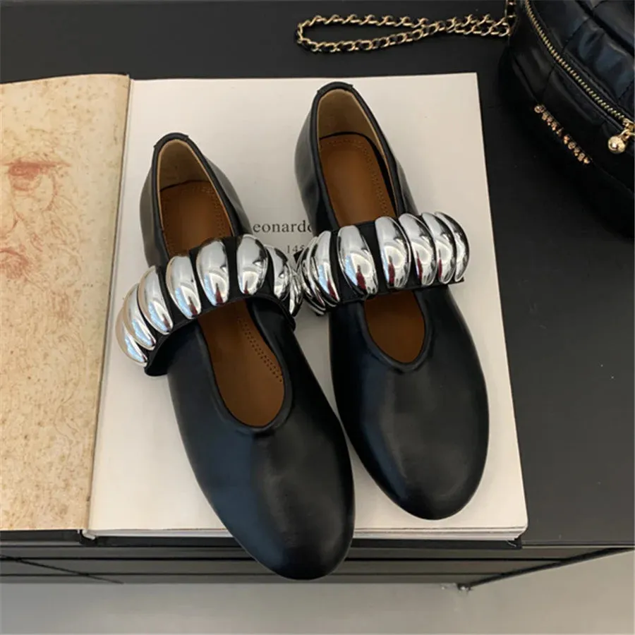 White Women Ballet Flats Comfortable Dance Shoes Woman 2025 Lazy Walking Loafers Flat Espadrilles Ladies Metal Button Mary Janes
