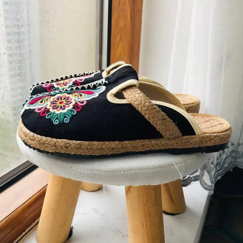 Women Casual Linen Handmade Embroidery Mules Flat Slippers