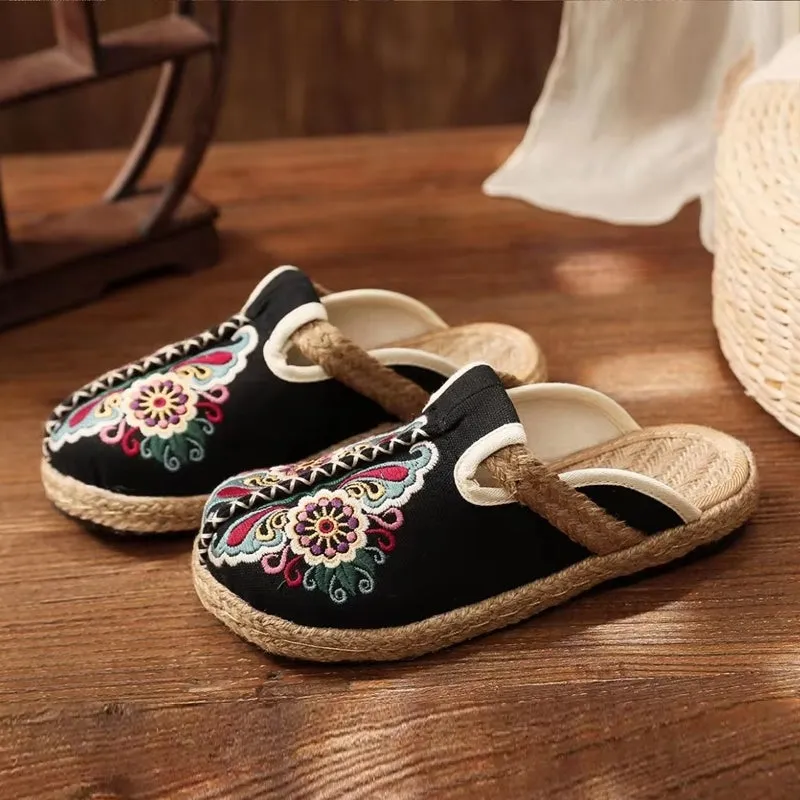 Women Casual Linen Handmade Embroidery Mules Flat Slippers