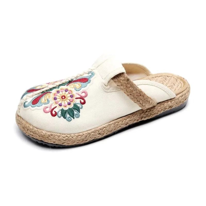 Women Casual Linen Handmade Embroidery Mules Flat Slippers