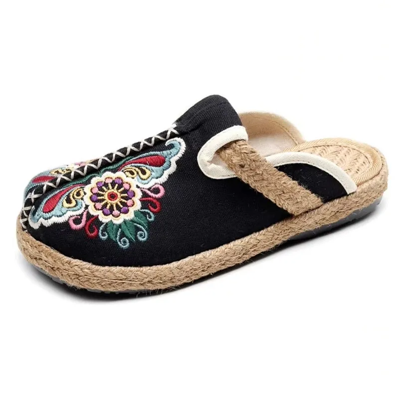 Women Casual Linen Handmade Embroidery Mules Flat Slippers