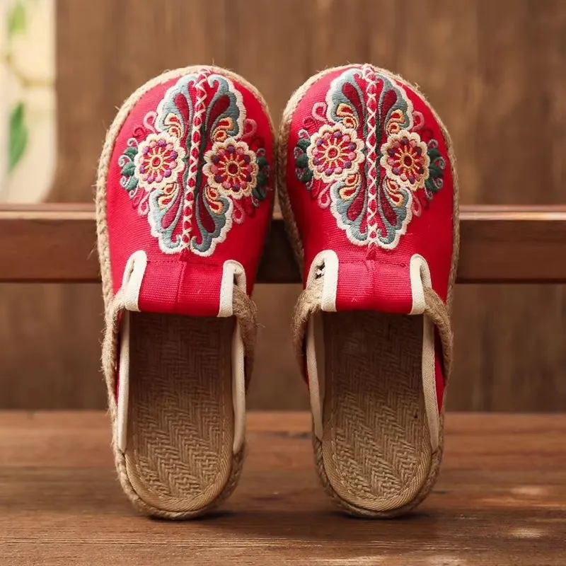 Women Casual Linen Handmade Embroidery Mules Flat Slippers