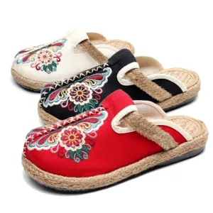 Women Casual Linen Handmade Embroidery Mules Flat Slippers