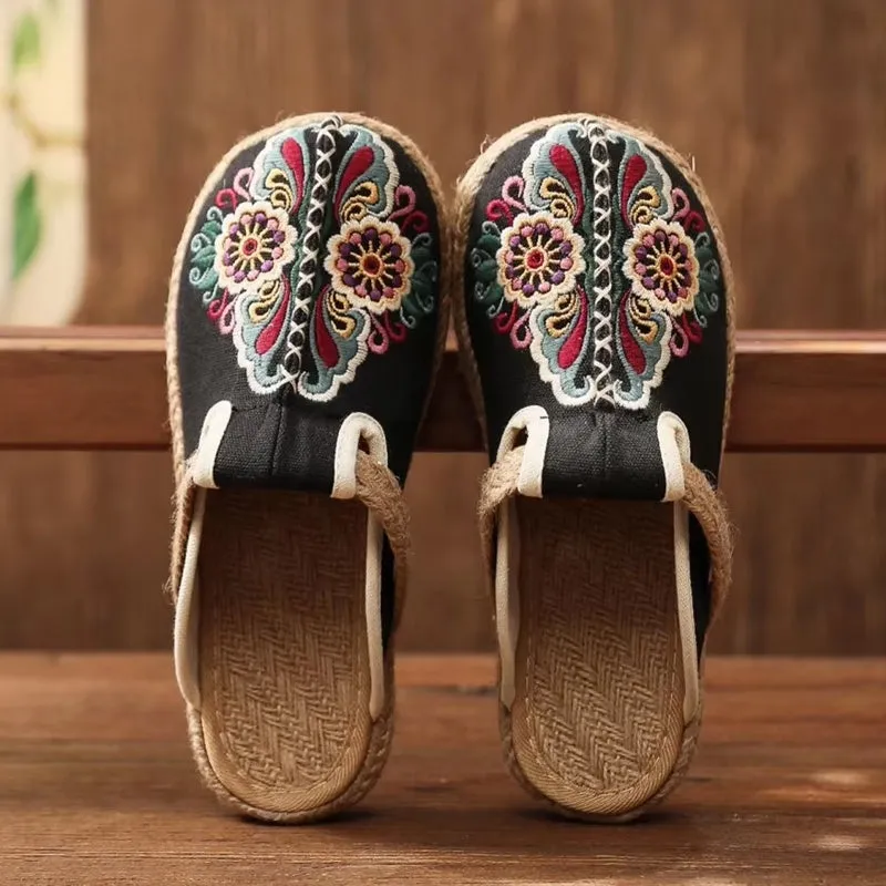 Women Casual Linen Handmade Embroidery Mules Flat Slippers
