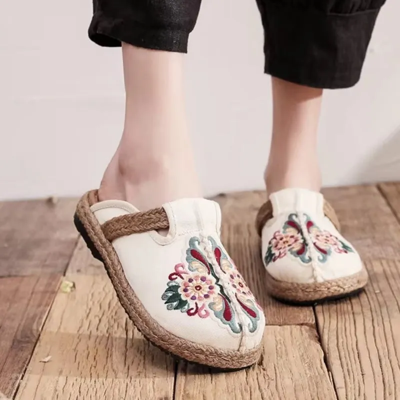 Women Casual Linen Handmade Embroidery Mules Flat Slippers