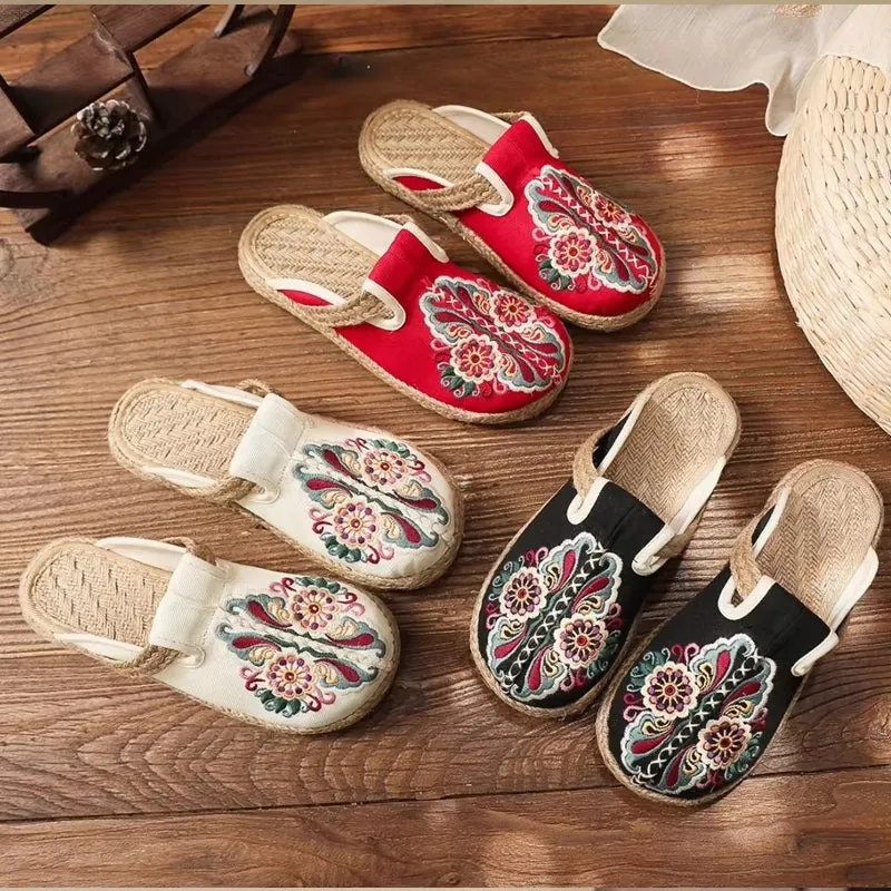Women Casual Linen Handmade Embroidery Mules Flat Slippers