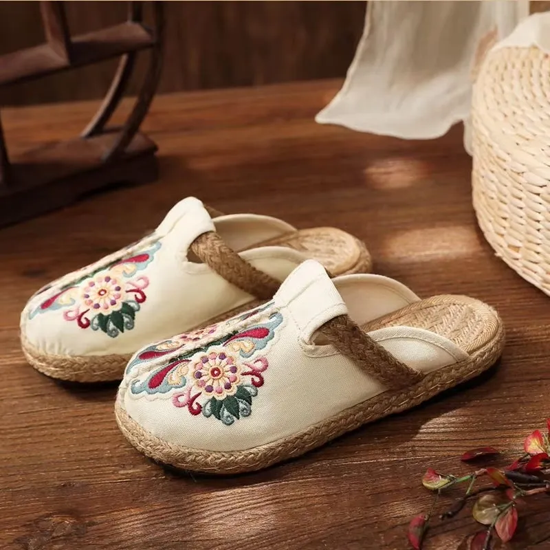 Women Casual Linen Handmade Embroidery Mules Flat Slippers
