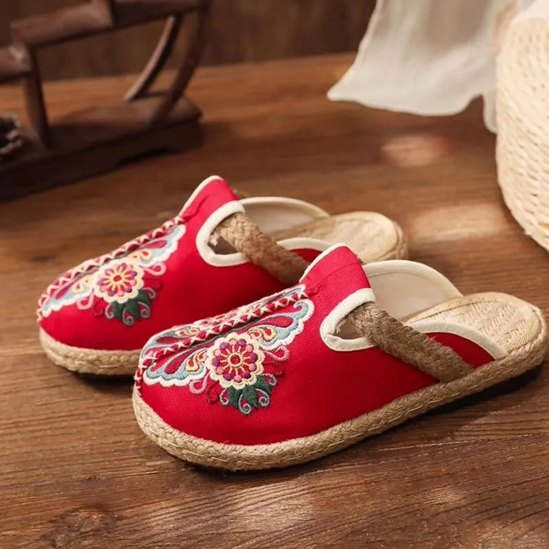Women Casual Linen Handmade Embroidery Mules Flat Slippers