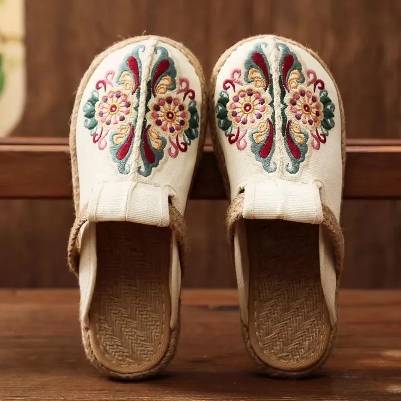 Women Casual Linen Handmade Embroidery Mules Flat Slippers