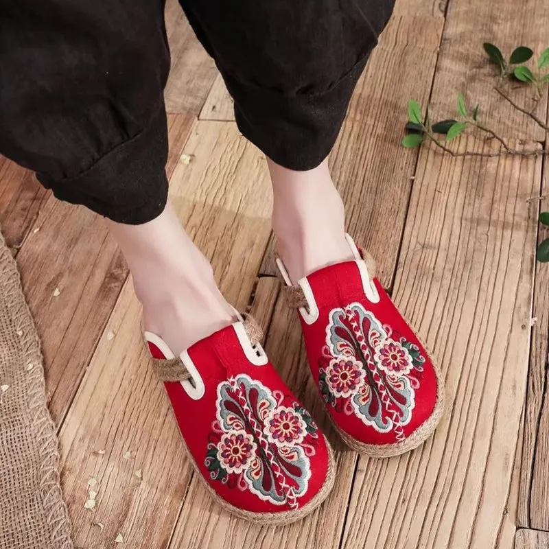 Women Casual Linen Handmade Embroidery Mules Flat Slippers