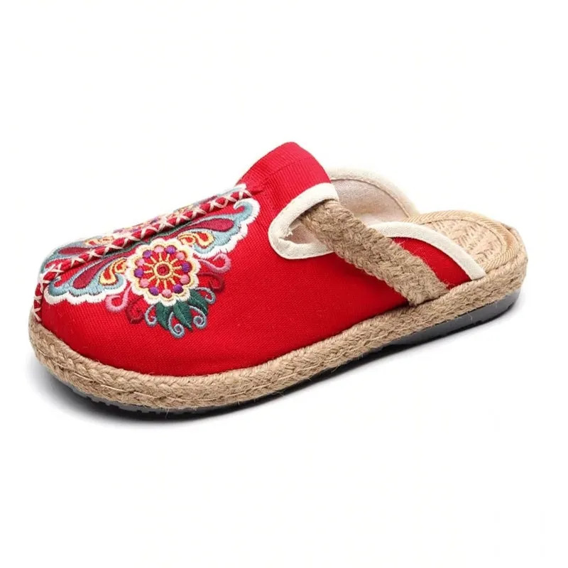Women Casual Linen Handmade Embroidery Mules Flat Slippers