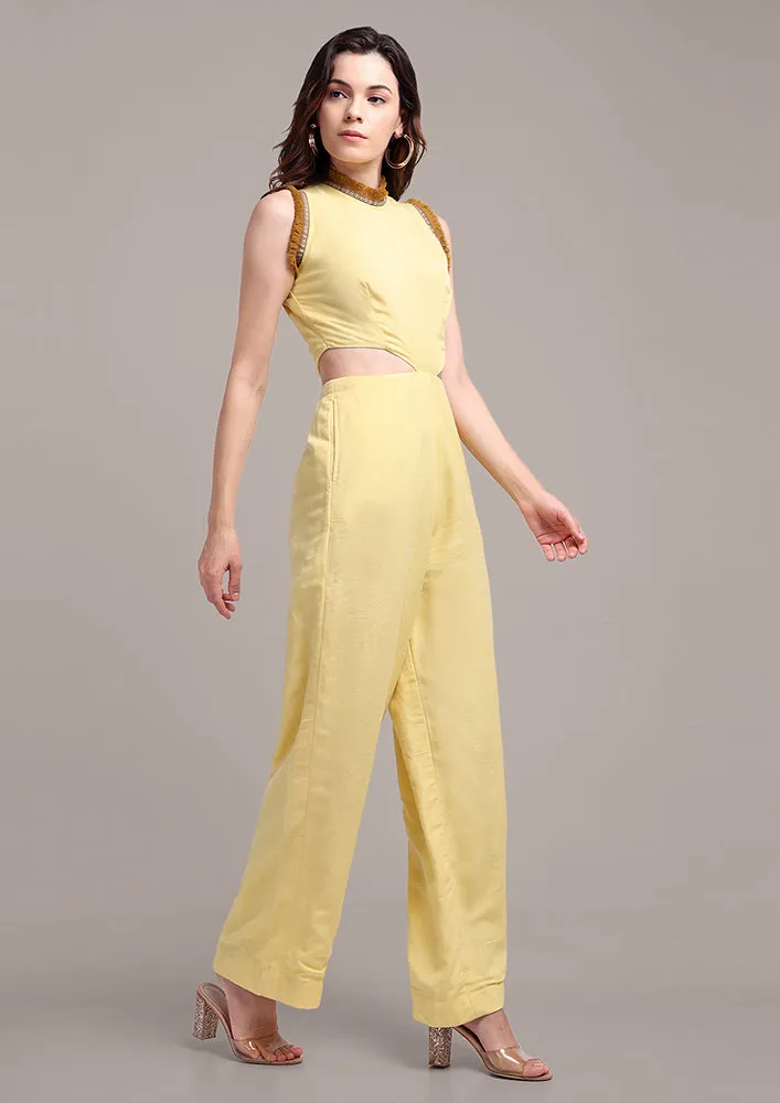 Yellow Halterneck Cut Out Design Sleeveless Linen Jumpsuit