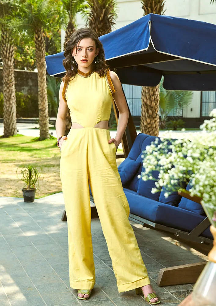 Yellow Halterneck Cut Out Design Sleeveless Linen Jumpsuit