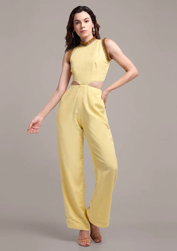 Yellow Halterneck Cut Out Design Sleeveless Linen Jumpsuit