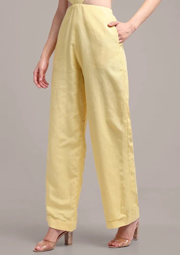 Yellow Halterneck Cut Out Design Sleeveless Linen Jumpsuit