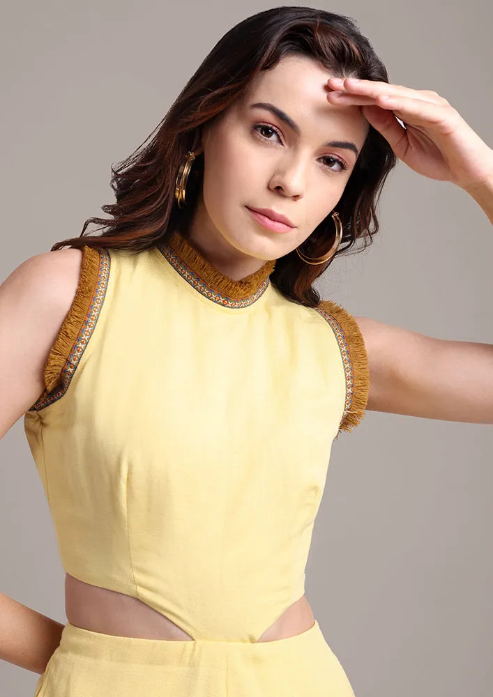 Yellow Halterneck Cut Out Design Sleeveless Linen Jumpsuit