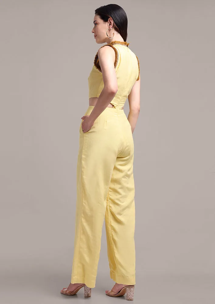 Yellow Halterneck Cut Out Design Sleeveless Linen Jumpsuit