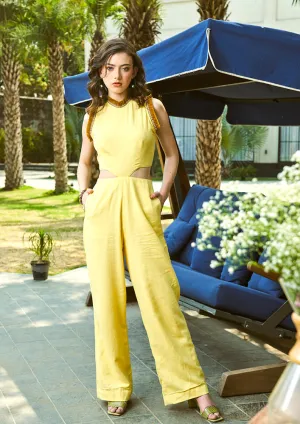Yellow Halterneck Cut Out Design Sleeveless Linen Jumpsuit